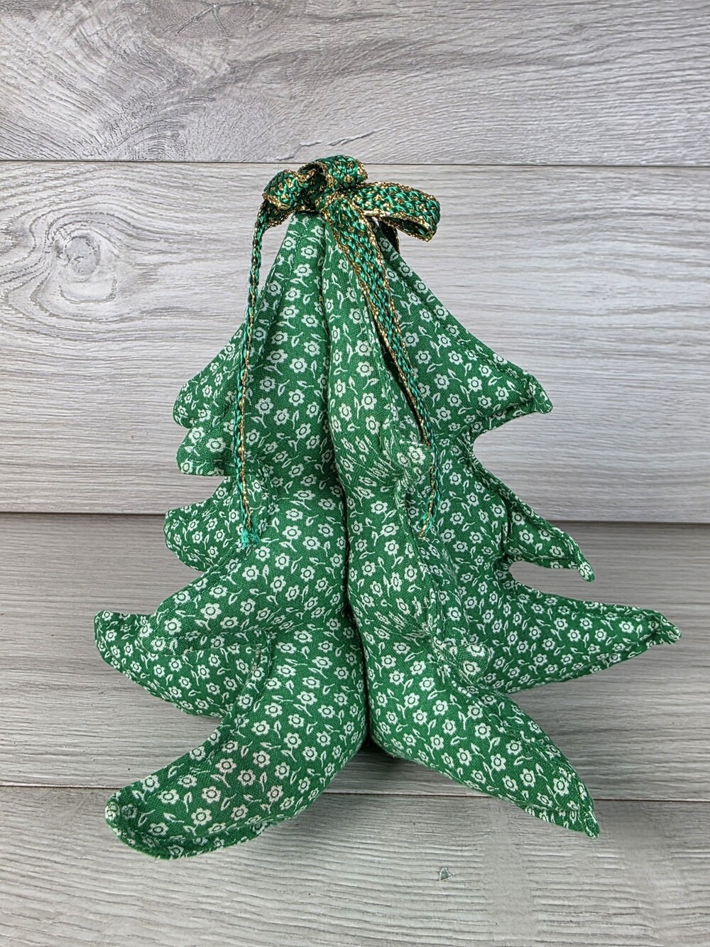 Rustic Fabric Christmas Tree Stuffed Decor w Gold Trim 9" Farmhouse SU12